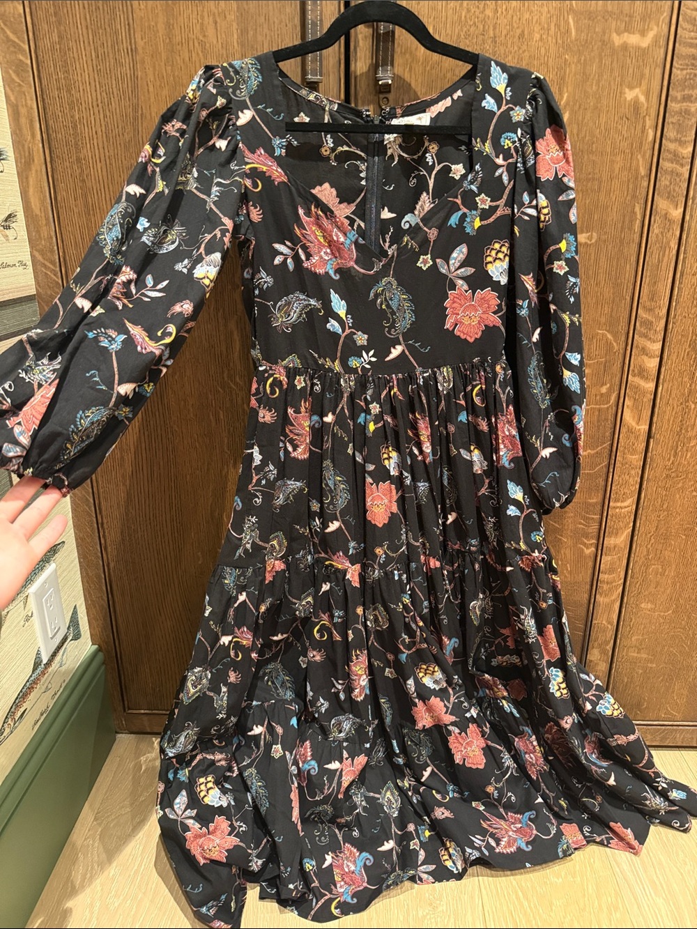 Womans' Black Floral Tiered Long-Sleeve Dress